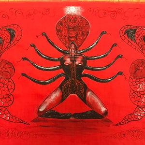 Hand-Painted Scarlet Linen Altar Cloth, Kundalini Ritual Tarot, One-of-a-Kind Magic (47x65cm)