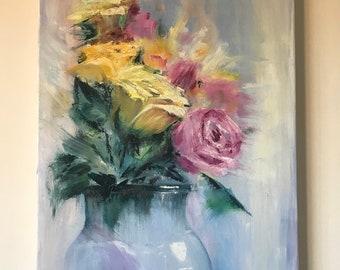 Roses Original Oil Painting Colourful Roses Floral Oil Artwork Bouquet Oil Painting Housewarming Gift Bedroom Decor Gift For Her Wall Decor