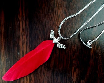 Blue and Pink tones silver hand painted feather necklace with free mini gift Large Red