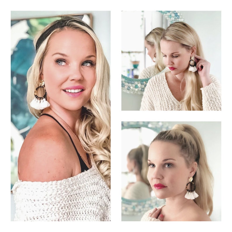 Resin hoop earring Ivory tassel earring Cream small cotton tassel Lightweight geometric earring Acrylic jewelry White boho tassel Bohemian