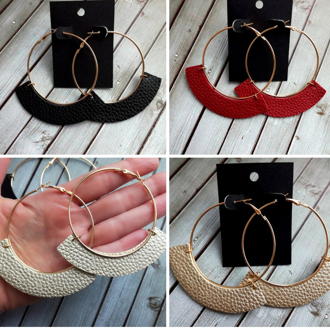Hoop leather earrings Thin golden large hoop Burgundy faux Etsy