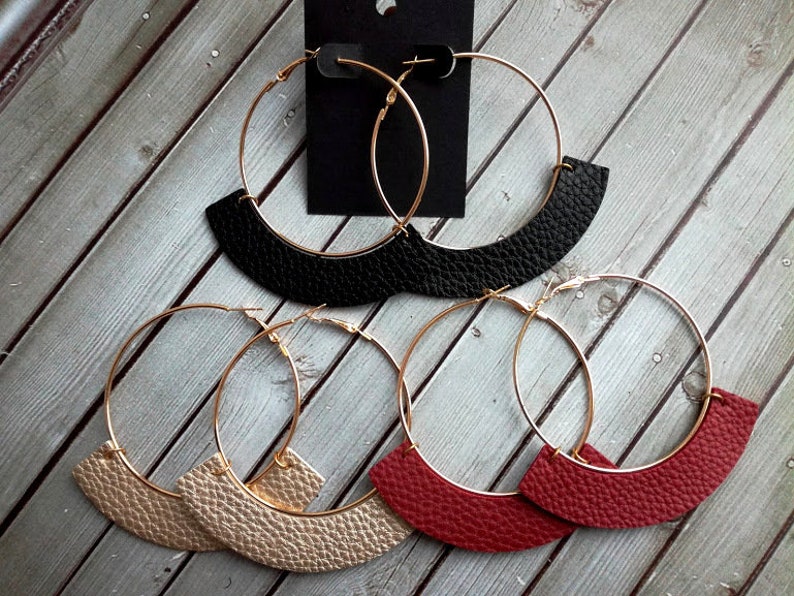 Hoop leather earrings Thin golden large hoop Burgundy faux Etsy