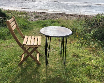 Vintage whisky garden / bar table. Deanston barrel table top.