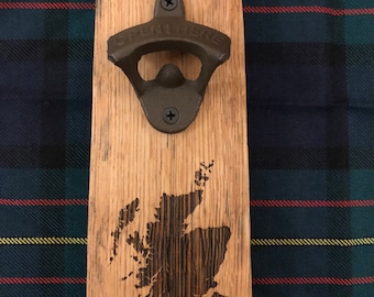 Whisky Barrel Scotland Map Bottle Opener. Wall Mountable. Solid Oak. Scottish Gifts, handmade in Scotland from genuine scotch whisky barrels