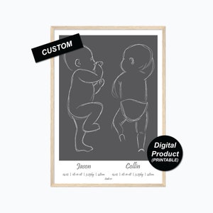 Cartel de nacimiento de gemelos/hermanos personalizado - Escala 1:1 - Colección grabada - Impresión de nacimiento - Ilustración de recién nacido - Impresión de guardería