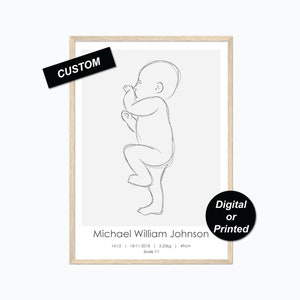 Birth Poster Personalised - Side On - Scale 1:1 - Birth Print - Newborn Illustration - Nursery Print