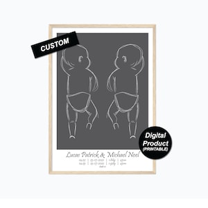Cartel de nacimiento de gemelos personalizado - Tiempo boca abajo - Escala 1:1 - Colección grabada - Impresión de nacimiento - Ilustración de recién nacido - Impresión de guardería