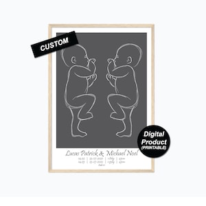Cartel de nacimiento de gemelos personalizado - Lado en - Escala 1:1 - Colección grabada - Impresión de nacimiento - Ilustración de recién nacido - Impresión de guardería