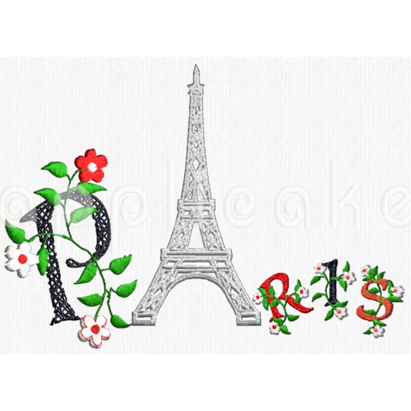 Paris Garden (garden; flowers; machine embroidery; applique designs; elegant; paris; france; night; romantic; silver; eiffel tower)