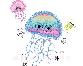 Cute Jellyfish (comes in 3 sizes, Adorable jellies under the sea with applique stitches)