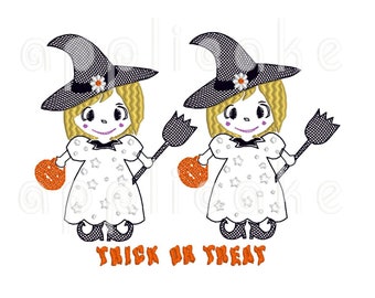 Halloween Girl (halloween, twins, witch, girls, broomstick, trick or treat, candy, spooky, cute, machine embroidery, applique design)