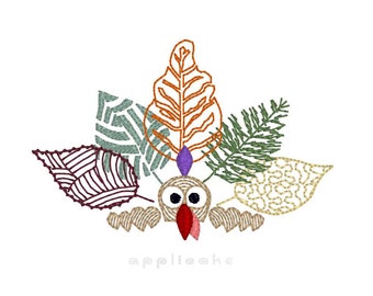 Turkey and leaves with bow machine embroidery design, thanksgiving sketch embroidery design.