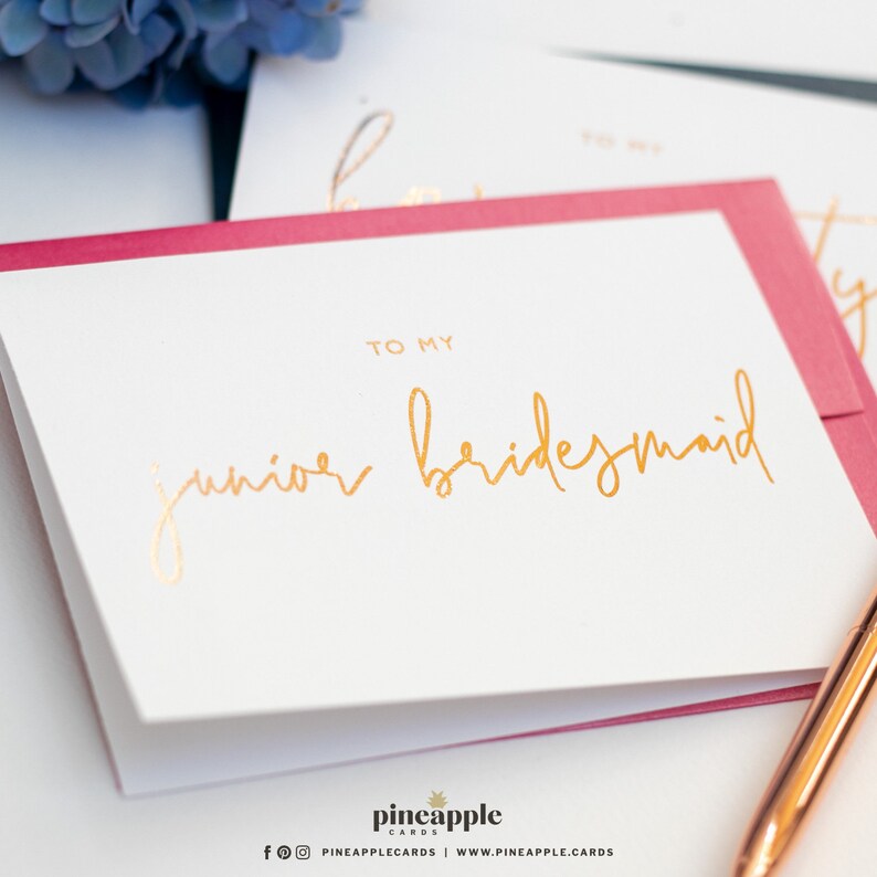 To My Junior Bridesmaid Rose Gold Foil To My Junior Bridesmaid Card To My Junior Bridesmaid Card Styled Rose Gold Foil Wedding Cards