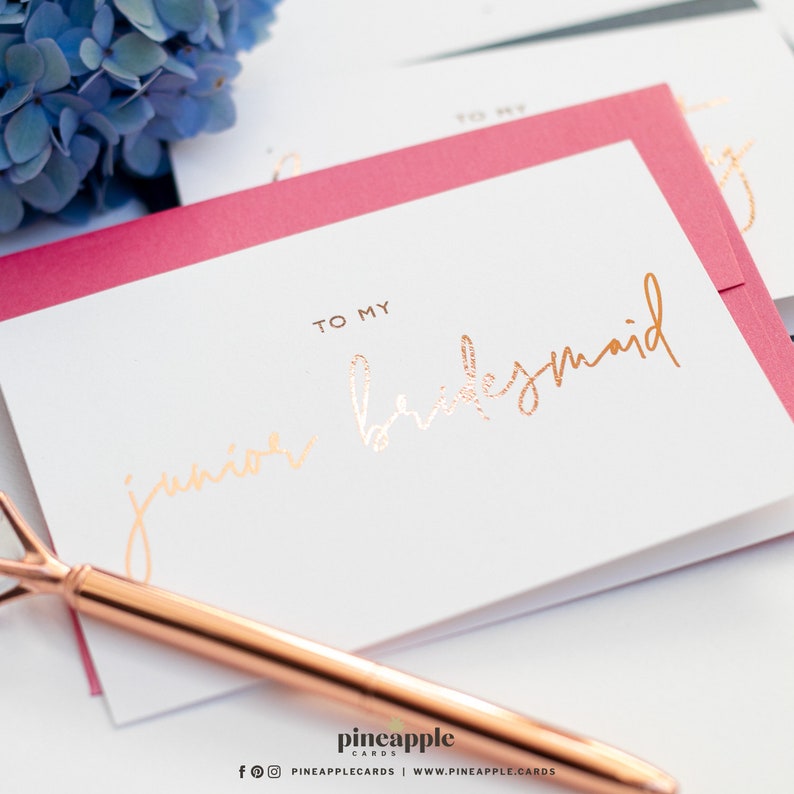 To My Junior Bridesmaid Rose Gold Foil To My Junior Bridesmaid Card To My Junior Bridesmaid Card Styled Rose Gold Foil Wedding Cards