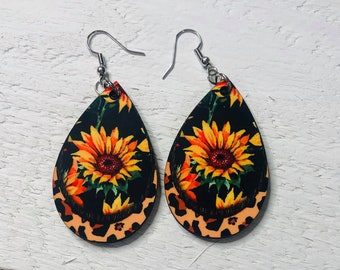 Sunflower Jewelry, Teardrop Holiday Earring, Fashion Gift for Her, Thin Wood Dangle Drop, Fall Jewelry, Flower, Sublimated Design, Light