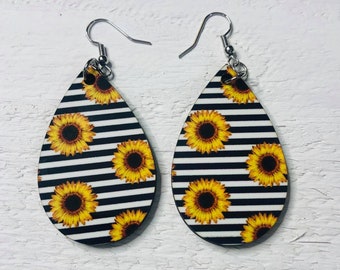 Sunflower Jewelry, Teardrop Holiday Earring, Fashion Gift for Her, Thin Wood Dangle Drop, Fall Jewelry, Flower, Sublimated, Black & White