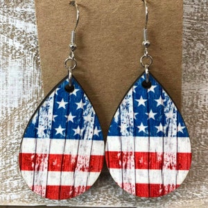 Patriotic American Flag Earrings 4th of July Fashion Teardrop Red White and Blue Sublimation Drop Earring Design Stars and Stripes