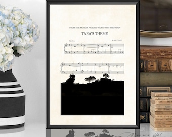 Gone With The Wind, Tara, Scarlett O'Hara and Rhett Butler, Silhouette, Music Sheet Art Print