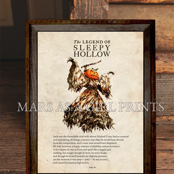 The Legend of Sleepy Hollow Book Page, Rustic Halloween, Farmhouse, The Headless Horseman, Ichabod Crane, Art Print