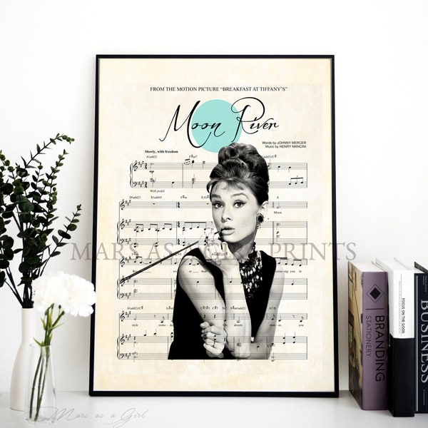 Audrey Hepburn, Holly Golightly, Breakfast at Tiffany's, Moon River, Music Sheet, Art Print