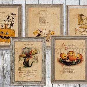 Rustic Farmhouse Halloween Decor, Set of 5 Vintage Art Prints