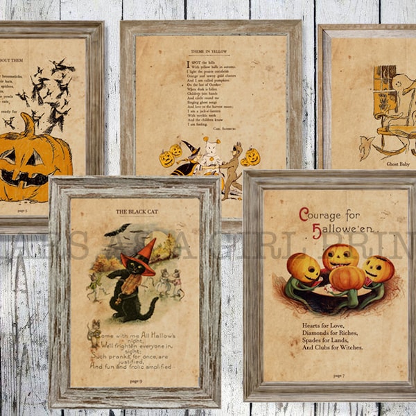 Rustic Farmhouse Halloween Decor, Set of 5 Vintage Art Prints