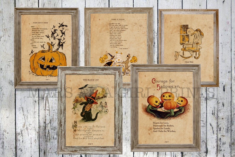 Rustic Farmhouse Halloween Decor, Set of 5 Vintage Art Prints 