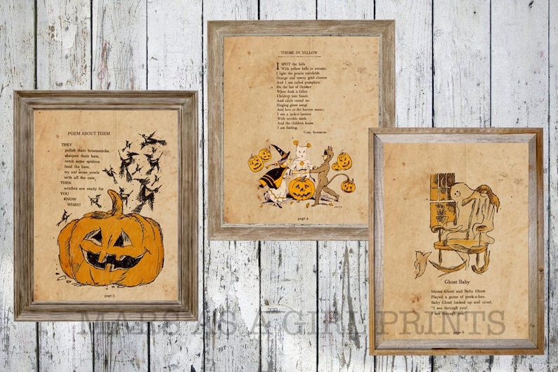 Rustic Farmhouse Halloween Decor, Set of 3 Vintage Art Prints 