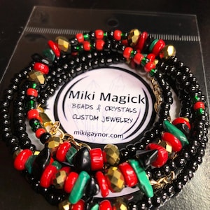 Crystal waist beads—Black Obsidian, Bamboo Coral & Malachite