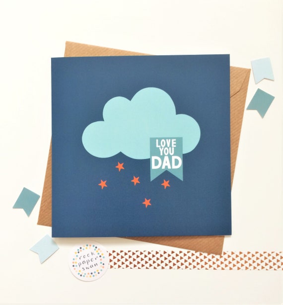 Father's Day Card - Love you Dad - blue and orange - clouds and stars