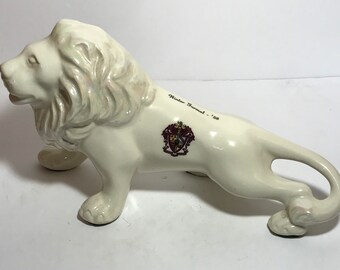 Iridescent Pearl Porcelain 10 1/2 Inch Male Lion With Crest “Winter Formal ‘1958" Sculpture Figurine