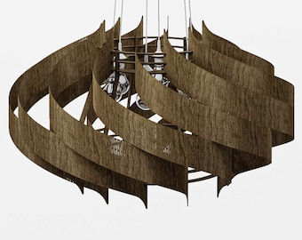 May include: A modern, wooden, spiral-shaped chandelier with multiple light bulbs. The chandelier is made of thin, brown wood strips that are woven together to create a unique and stylish design.