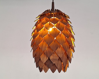 Walnut Wood Pine Cone Chandelier, Handmade Modern Lighting