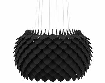 Modern Black Chandelier, Industrial Large Wood Pendant Light, 6-Light Architectural Pinecone Ceiling Fixture for Loft & Dining Room