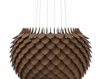 Dark Oak Wooden Chandelier, Mid Century Modern Large Pendant Light, 6-Bulb Pinecone Statement Lamp for Dining Room & Living Space