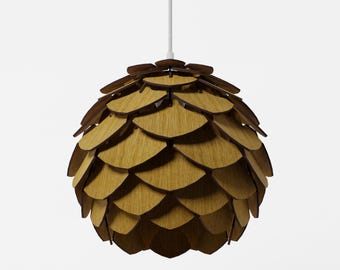 Mini Pinecone Pendant Light – Colonial Oak Wood Lampshade, Handmade