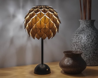 Table Lamp Portable and rechargeable Pinecone lamp with Drop light bulb and lampshade | Wood Table Lamp | Bedside Lamp | Decorative Lamp