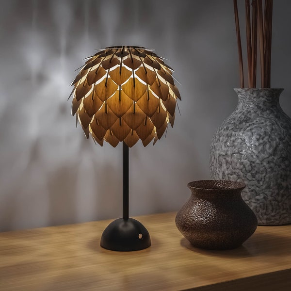 Table Lamp Portable and rechargeable Pinecone lamp with Drop light bulb and lampshade | Wood Table Lamp | Bedside Lamp | Decorative