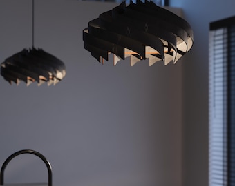 Matte Black Wood Pendant Light | Handmade Modern Ceiling Lamp | Statement Birch Chandelier for Living Room, Majesty by SONLINER