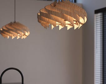 Natural Oak Veneer Pendant Light | Handmade Oiled Wood Ceiling Lamp | Artisan Chandelier for Dining Room, Majesty by SONLINER
