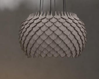 Ash Grey Wooden Chandelier, Modern Minimalist Pendant Light, 6-Light Pinecone Ceiling Fixture for Scandinavian & Industrial Dining