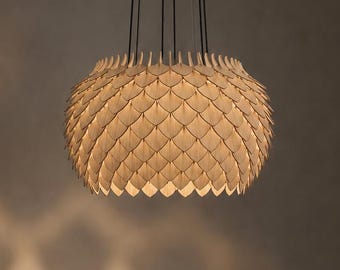Colonial Oak Chandelier, Golden Brown Wood Pendant Light, 6-Bulb Pinecone Ceiling Fixture for Modern Farmhouse & Dining Room