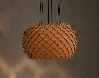 Warm Cinnamon Brown Wooden Chandelier, Boho Organic Pendant Light, 6-Light Cozy Wood Ceiling Fixture for Dining & Living Room
