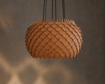Pinecone Ring 750 Pendant Light, Ice Brown Birch Plywood Chandelier, 6 Light Wooden Ceiling Lamp
