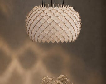 Large Scandinavian Wooden Chandelier, Japandi Natural Birch Pendant Light, 6-Light Organic Pinecone Ceiling Fixture for Dining & Living Room