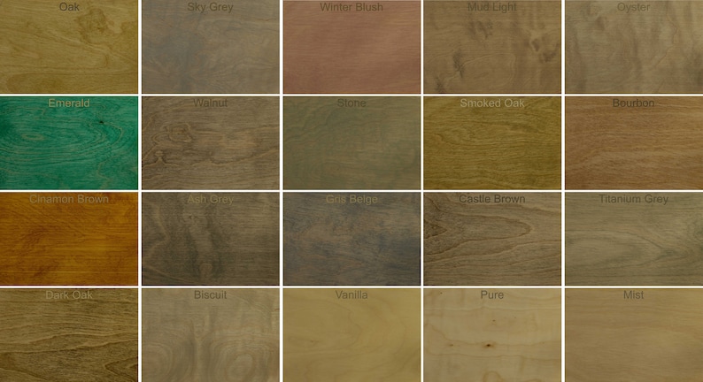 May include: A wood stain color chart with 20 different wood stain colors. The colors are arranged in a grid of four rows and five columns. The colors include Oak, Sky Grey, Winter Blush, Mud Light, Oyster, Emerald, Walnut, Blonde, Smoked Oak, Bourbon, Cinnamon Brown, Night Grey, Coal Beige, Castle Brown, Titanium Grey, Dark Oak, Biscuit, Vanilla, Pure, and Mist.
