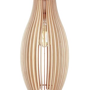 May include: A wooden pendant light fitting with a teardrop shape. The light is made of vertical wooden slats, with a light bulb visible inside. The wood has a natural, light brown colour. The fitting is designed for indoor lighting.