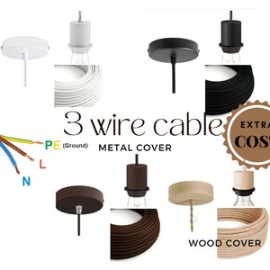 May include: A variety of ceiling light fixture hardware with different colored cords and metal and wood covers. The cords are labeled with the letters N, L, and PE (Ground). The text "3 wire cable" and "EXTRA COST" are also visible.