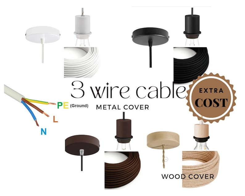 May include: A variety of ceiling light fixture hardware with different colored cords and metal and wood covers. The cords are labeled with the letters N, L, and PE (Ground). The text "3 wire cable" and "EXTRA COST" are also visible.