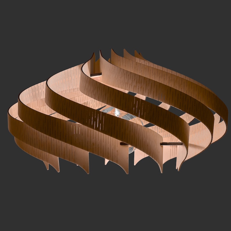 May include: A light brown wooden pendant light fixture featuring multiple curved, ribbon-like slats arranged in a circular, layered pattern. The structure creates a spiraling, open design that surrounds a central light bulb socket.